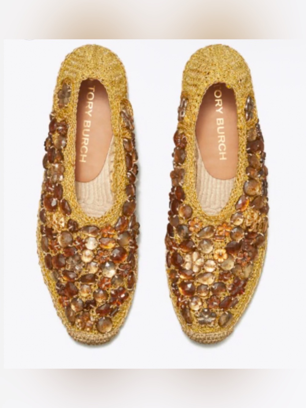 Tory Burch Gold Jeweled Crochet Slip-On Flats